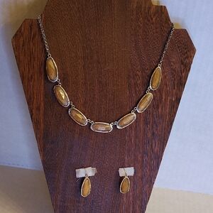 Tan and Silver Necklace and Earring Set
